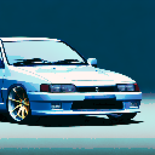 Photorealistic whole Nissan Silvia, three-quarter view, right front wheel, clean background, sRGB colors, pixel art style