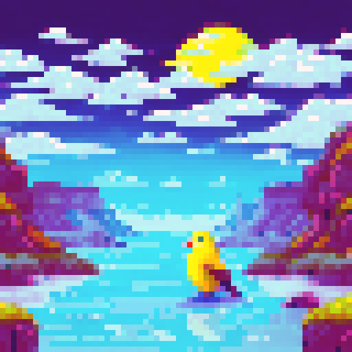 a portrait of white bird with a big yellow beak, in front of a blue sky with clouds