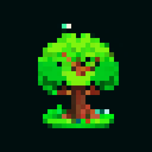 medium-sized, vigilant Grove Guardian with smooth bark, vibrant green leaves, sturdy trunk, protective vines, glowing blue eyes radiating calm and watchfulness, alert and determined expression, flowering plants growing along limbs, pixel art, sRGB