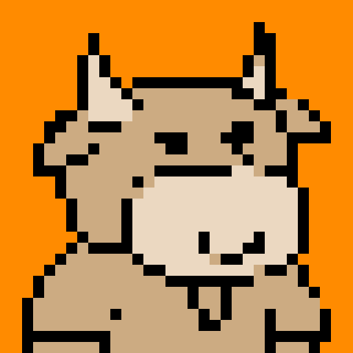 A pixel art portrait of a bull with a neutral expression, featuring a minimalist design with light skin tone, solid colors, Set against a solid orange background. The style is reminiscent of early video game characters, with a square aspect ratio.
