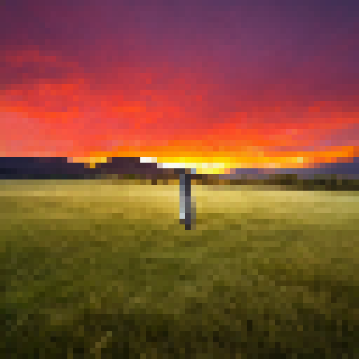 an giant sword stuck on plains of grass, with a beautiful sunset behind