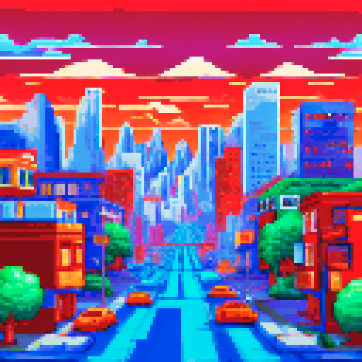 Colorado Springs city, streets of rage, pixelated buildings, vibrant colors, sRGB, detailed cars, bustling traffic, lively pedestrians, scenic background, mountainous landscape