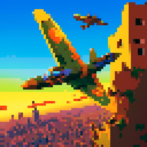 Tintin-style pixel art side scroller, featuring a courageous pilot navigating through a war-torn city, with vibrant explosions, crumbling buildings, soaring fighter planes, and a dramatic sunset backdrop