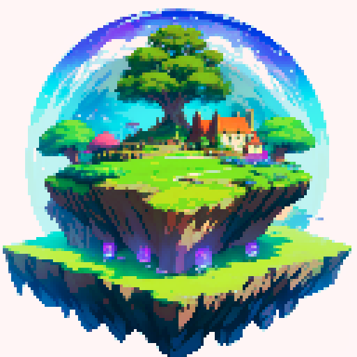 An enchanted fae island floating in space, top down view