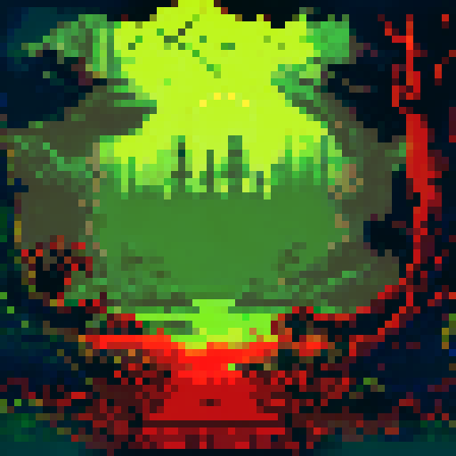 Hauntingly tall trees with twisted branches and glowing eyes peering out from the darkness, looming clouds with flashes of lightning, and a thick fog creeping across the pixelated moonlit landscape