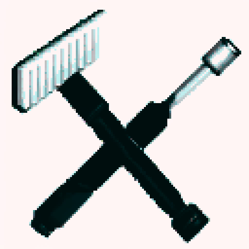 Crossed hammer and screwdriver, towering over a white background, rendered in pixel art with a high contrast black and white palette