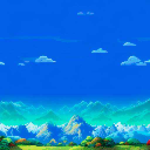 A serene side-scrolling landscape unfolds, featuring lush green fields that stretch endlessly. In the backdrop, majestic mountains rise with quiet grandeur. This picturesque scene, reminiscent of a side-scrolling game, seamlessly combines the tranquil beauty of expansive fields with the majestic presence of distant mountains