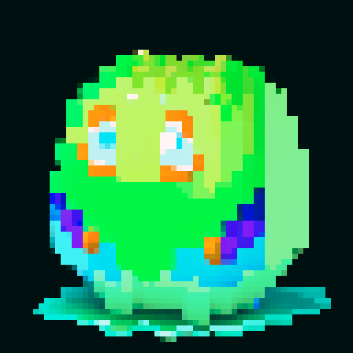 A sparkling, semi-transparent slime with a crystalline structure. It has shimmering facets, bright eyes, and a cheerful smile, with light reflecting inside. No background.
