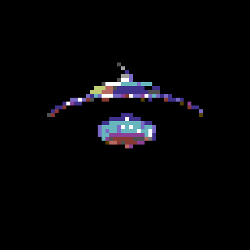 Large, wide, silver flying saucer, with twinkling yellow lights, viewed from below at an angle