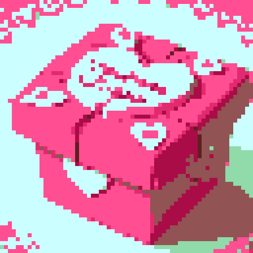 Box of Valentine's Day chocolates, specifically shaped like cupcakes with intricate details such as pink frosting and decorative toppings. Charming and  romantic theme. The cupcakes within the box should exhibit a variety of delightful designs, no background, pixel art.