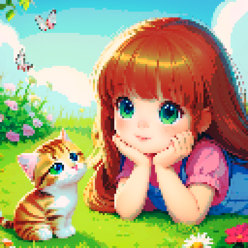 little cute girl lies on the grass and looks at the kitten, cartoon style, 64 colors