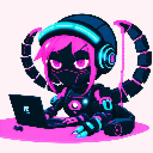 cute cyberpunk scorpion with human head, human head is from anime inspired character with short pink hair, expressive eyes, a playful smiling face, and a mouth mask, scorpion is playing computer games, tables with coca cola, scorpion's tail should be fully in the picture, yellow and cyan and light blue light