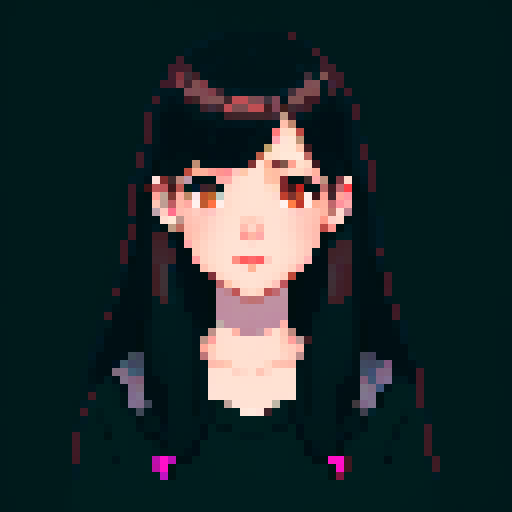portrait, sprite art, young woman, dark eyes, dark hair, shy, cozy