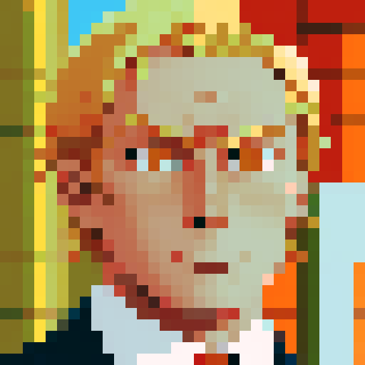 serious blonde man in suit and red tie, proud expression, symmetrical composition, iconic cartoonish style, close up, anime style, pixel art, 32x32, orange-toned skin