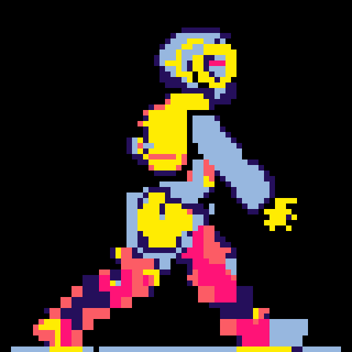 cyberpunk space trader sprite, pixel art, futuristic design, cybernetic arm with intricate detailing, glowing yellow-orange visor over the eyes, trench coat with glowing lines, white, blue and teal color palette with neon pink accent, yellow visor tint, distinct sci-fi aesthetic, confident posture, mid-step left first, left left bent and raised, arms extended, pixel art, sRGB