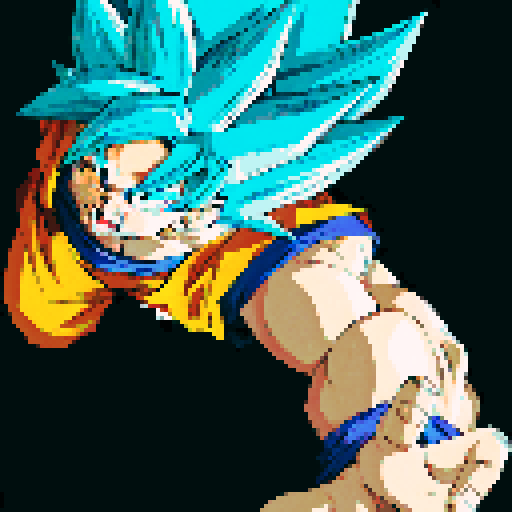 Goku powering up with vibrant, pixelated energy, surrounded by a dynamic, sRGB color palette