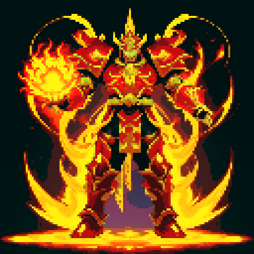 Towering and imposing, a powerful East Asian psyker from the 40K universe dons a vibrant yellow battle armor that glistens with metallic sheen His stern visage is illuminated by the depths of his psychic energy, while suspended mid-air, his palm radiates with scorching flames Bright orange and red hues flicker in his hand, forming a fiery blade, as his eyes mirror the same fiery intensity, merging his will with the flames, all in pixel art style, sRGB