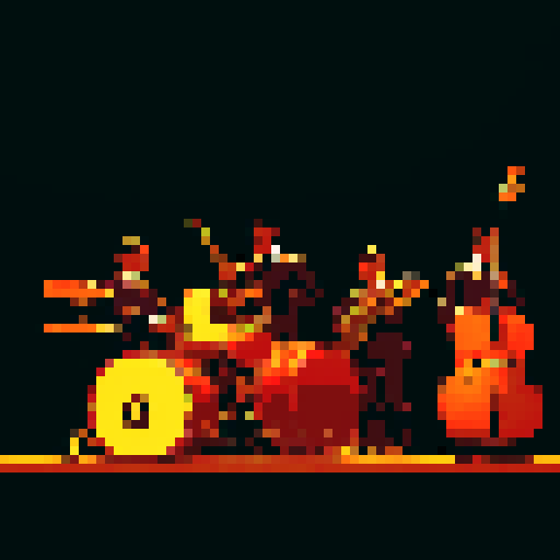 jazz musicians playing instruments, drums, double bass, saxophone, guitar, microphone, dimly lit bar, backlit, black, dark purple, brown, gold, pixel art style, sRGB