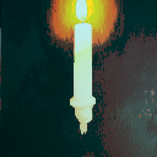 burning candle, flickering flame, vibrant orange glow, melting wax, wisps of smoke, intricate wax drips, intricate pixel art details, sharp edges, vibrant colors, contrasting black background, sRGB color space