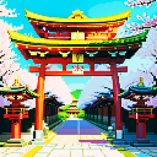 shiny silver shinto shrine, vibrant cherry blossom trees, traditional architecture with intricate details, shinto torii gate adorned with shiny silver decorations, a pixel art shiny silver chest in background, shiny silver lanterns illuminating the scene in sRGB colors, no gold colors, silver decorations only