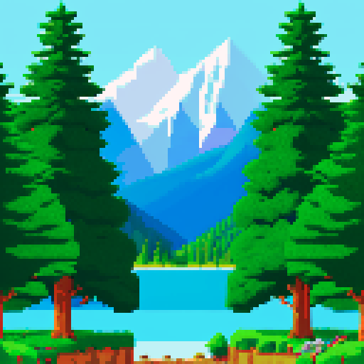 mountains looming, tall evergreens, shimmering lake, pixelated landscape