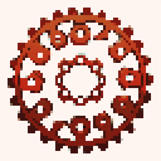 five small rusty copper gears, all different. Usable as assets (clear, thick lines and a solid color background)