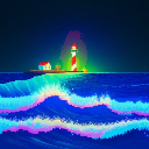 lighthouse, sea, aurora, vibrant colors, pixelated waves, glowing beams, twinkling stars, retro video game aesthetic, sRGB