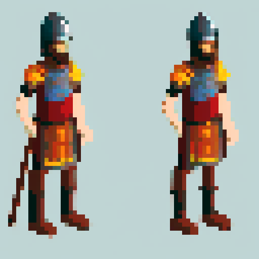 greek hoplite with copper armor, shield and corinthian style helmet without plume. red tunic and red edging on sandals. long spear. in a 64x64 sprite style
