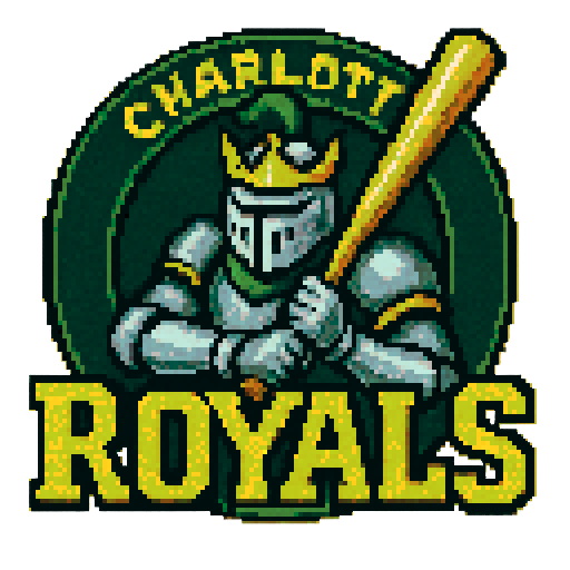Pixel art of a fictional baseball team called the Charlotte Royals.  The mascot is a knight. green, yellow, and light gray, sharp outlines, and soft pixel shading. The logo design mimics 80s MLB logos. Use a vibrant Sega Genesis 16-bit style with selective dithering, geometric forms, and nostalgic retro charm. Avoid modern gradients—keep it pure pixel art.