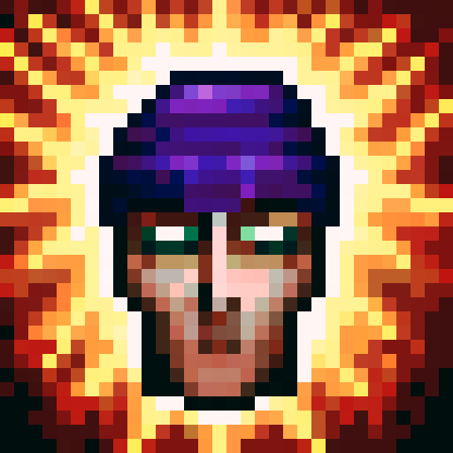 Ninja's piercing eyes stare out from a 32x32 pixel art portrait, their purple turban accentuated with skillful strokes of sRGB shading in a game icon style
