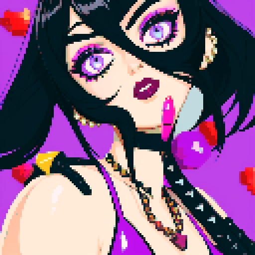 curvy, cute goth woman's face, black hair, purple eyeshadow, red lipstick, studded leather bikini, face portrait, beauty photo, vibrant sRGB colors. 16 bit style