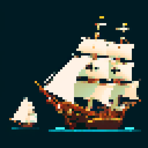 Pirate ship, large cannons, two white square sails, facing North, 3/4 view, transparent background, sRGB, pixel art
