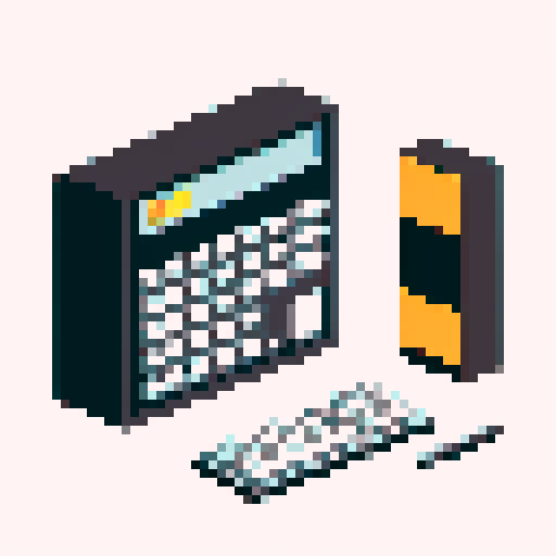 Business administration: Minimalist office desk, retro-style calculator, stack of papers, sleek black background, soft, muted colors, pixel art, sRGB