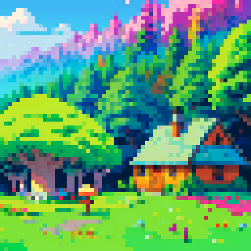 pixel art landscape map with tall, vibrant trees, whimsical mushrooms, cozy houses, and colorful flowers

