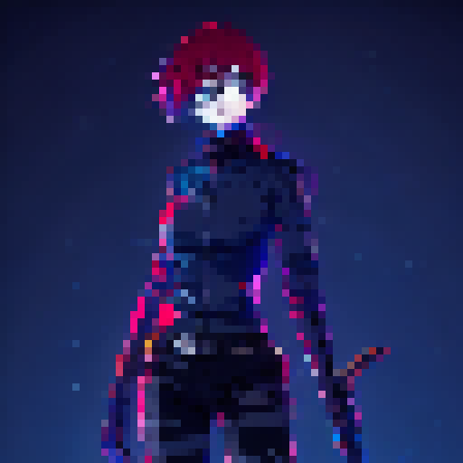 waifu, glasses , red hair , anime style, full body, with sword, blue and black neon background