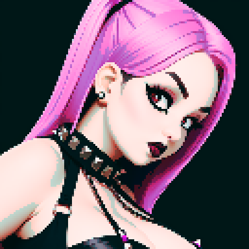 curvy, busty cute goth babe with studded collar, big titty goth wearing halter top, side view, close up glamour shot, pixel art, sRGB