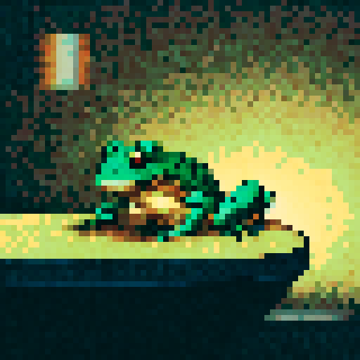 In the cozy ambiance of a dimly lit room, a small, jovial frog perches comfortably upon a plush couch chair, its diminutive size emphasized by the vastness of the furniture. The flickering flames of a nearby fireplace cast a warm glow, enveloping the space in a soft, golden light, creating an atmosphere of comfort and relaxation. With a mug clasped delicately between its tiny webbed fingers, the contented frog takes a sip of steaming coffee, its expression reflecting pure bliss.