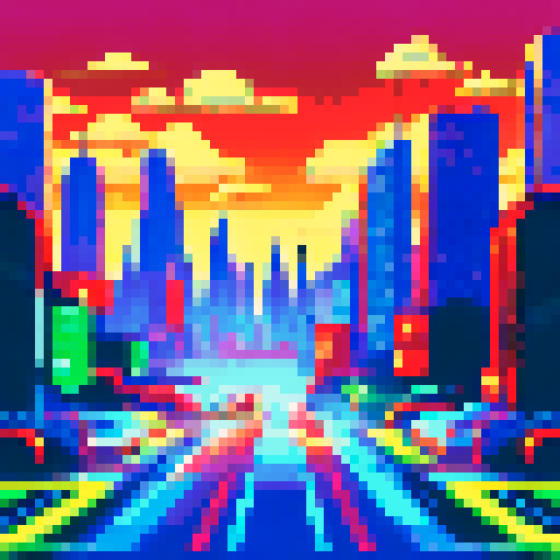 bmw cars, pixelated, vibrant colors, retro video game style, sRGB, pixel art, detailed shading, urban cityscape, futuristic skyscrapers, bustling streets, neon lights, busy traffic, sleek designs, speed and motion, dynamic angles, geometric shapes, low-poly architecture, vibrant backgrounds, energetic atmosphere, high contrast, sharp edges, digital aesthetics, futuristic technology