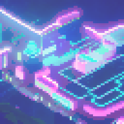 A neon-haired cyber hacker surrounded by holographic screens, typing furiously on a retro keyboard with a city skyline and digital circuitry in the background, all in anime style