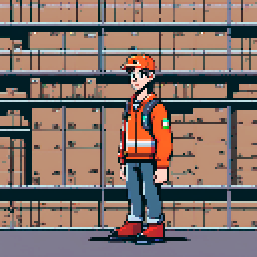 young, male warehouse worker, Amazon Germany, pixel art
