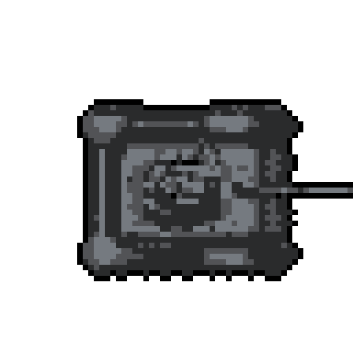 Create a 32x32 pixel top-down sprite of a military tank with a prominent turret, gun barrel, and visible treads, in a color scheme of gray, with a transparent background