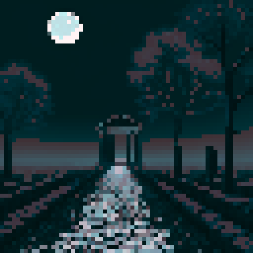 Foggy, white and gray swamp, cracked cobble stone floor, black bare trees, dark vines, moonlit sky, distant ruins of temples, eerie calm, pixel art, sRGB