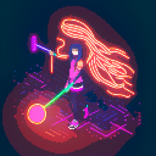 Mage anime girl with flowing hair, fluorescent tattoos, and a glowing staff, navigating through a purple neon-lit night market, vibrant colors, intricate patterns, retro aesthetics, pixel art