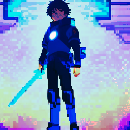young hero with blue glowing cyber sword shonen with dark hair, astralite, anime game pixel art, A vibrant and colorful RPG-style scene with Super Nintendo graphics, featuring a 16-bit color palette and a resolution of 256x224 pixels, very detailed