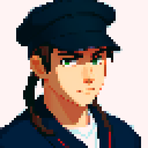 Pixel portrait of a school boy focused on the head. He needs to wear a cap.