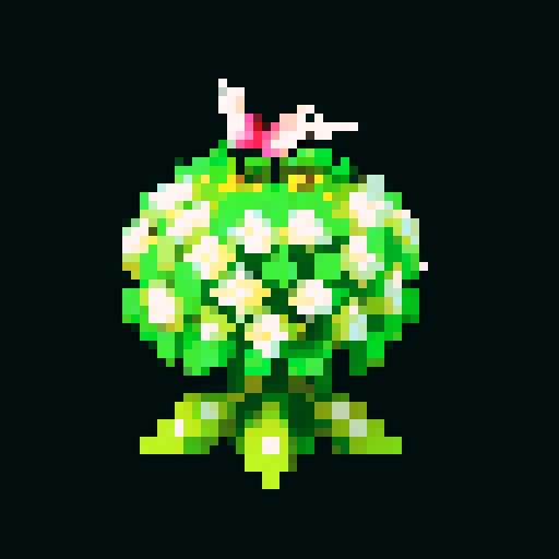 A beautiful, flower-adorned creature with vibrant petals, delicate wings, and a graceful appearance. It emits a faint floral fragrance and has a serene expression. No background.
