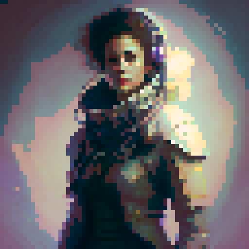 strong, busty, pixelated tavernkeeper woman portrait with non-vibrant colors, emphasized facial features