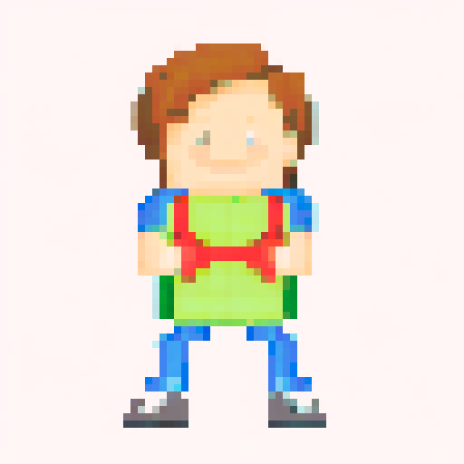 A single sprite of a young boy with a backpack on, pixel art, facing the camera, with a plain expression, on a plain background. His eyes are blue and his hair is brown. His backpack is red. He's wearing green hiking pants with brown shoes. 