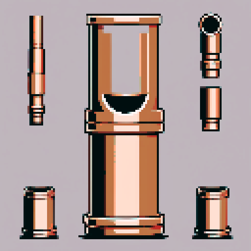 I want a tall vertical copper pipe that looks like a cannon barrel. I want this object usable an asset in a videogame, meaning only one object per image, outlined with a strong black stroke, on a solid-color background.