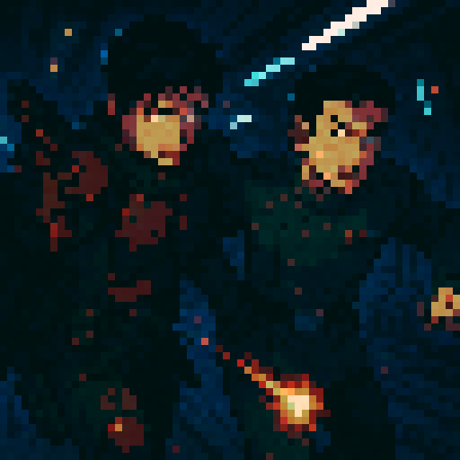 Star Wars bounty hunter, imperial officer, short black hair, two males, anime style, sRGB, pixel art, sci-fi, futuristic, intense, action-packed, dynamic, shadows, vibrant colors